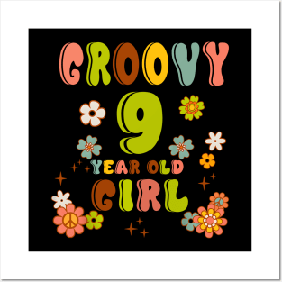 9th Birthday Retro Groovy Girl 9 Years Old Birthday Hippie Posters and Art